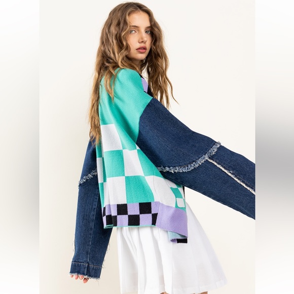 37 Fabulous reckerboard & Denim Patch Work Cardigan - Picture 6 of 8